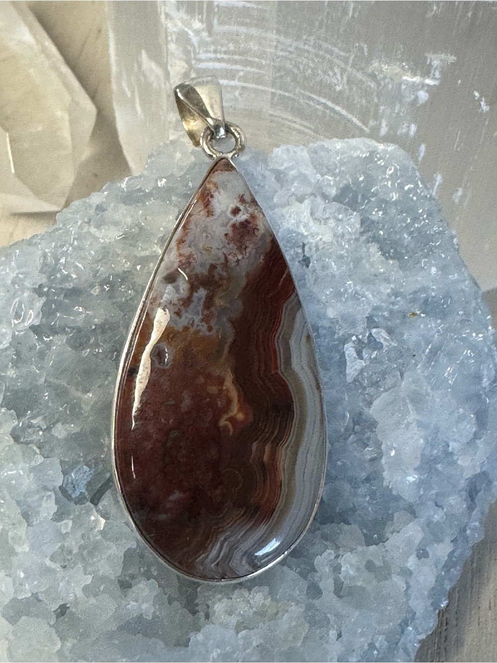 Mexican Crazy Lace Agate Sterling Silver Teardrop Pendant